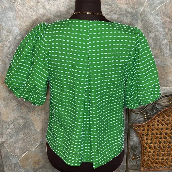 Kate Spade textured puff sleeve shirt top blouse tunic puff sleeves bow pleated - Picture 8 of 11